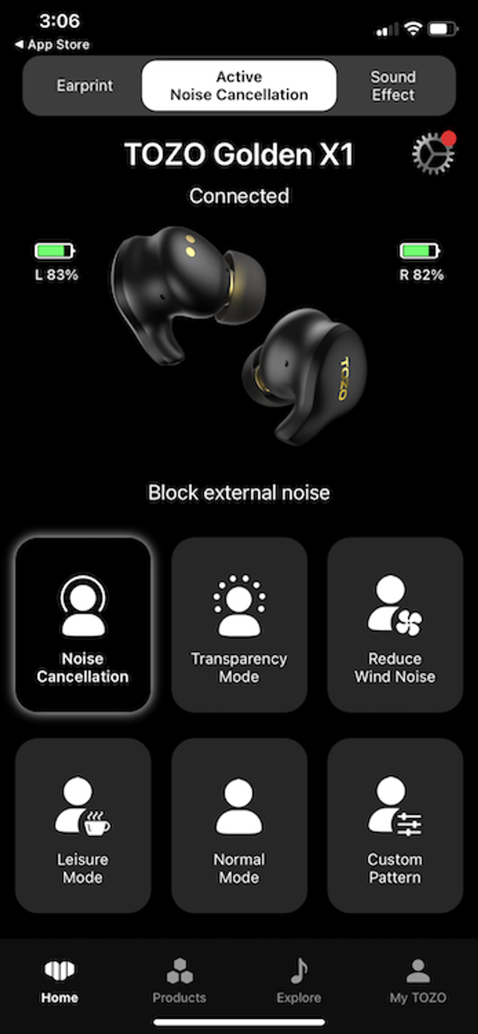 Screenshot of the TOZO app showing ANC modes