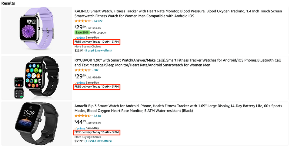 a screenshot of search results on Amazon for smartwatches