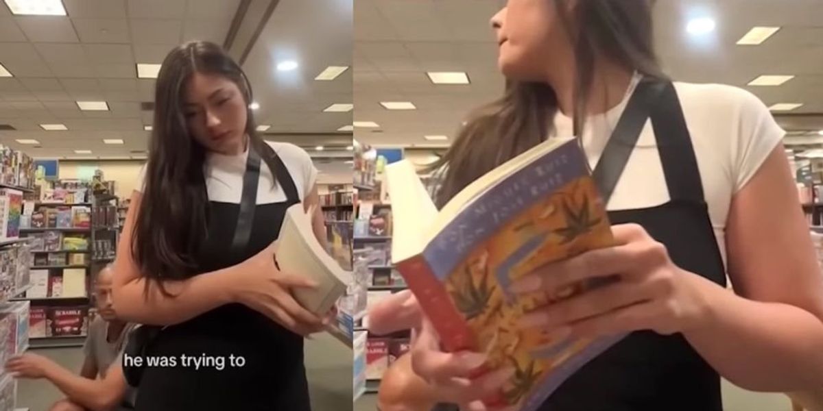 Woman sets up camera for social media in book store and captures a man being very creepy behind her