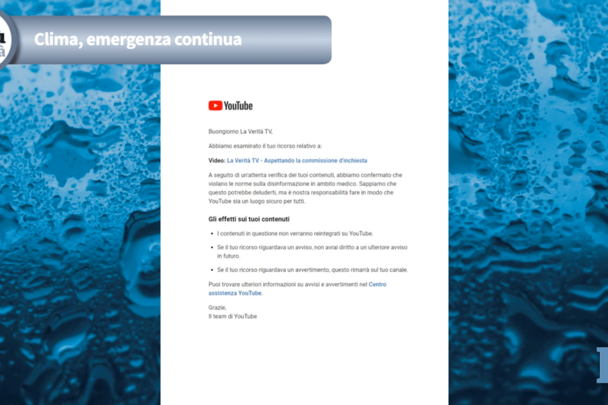 Youtube insiste e non dà spiegazioni. La tv della «Verità» resta silenziata