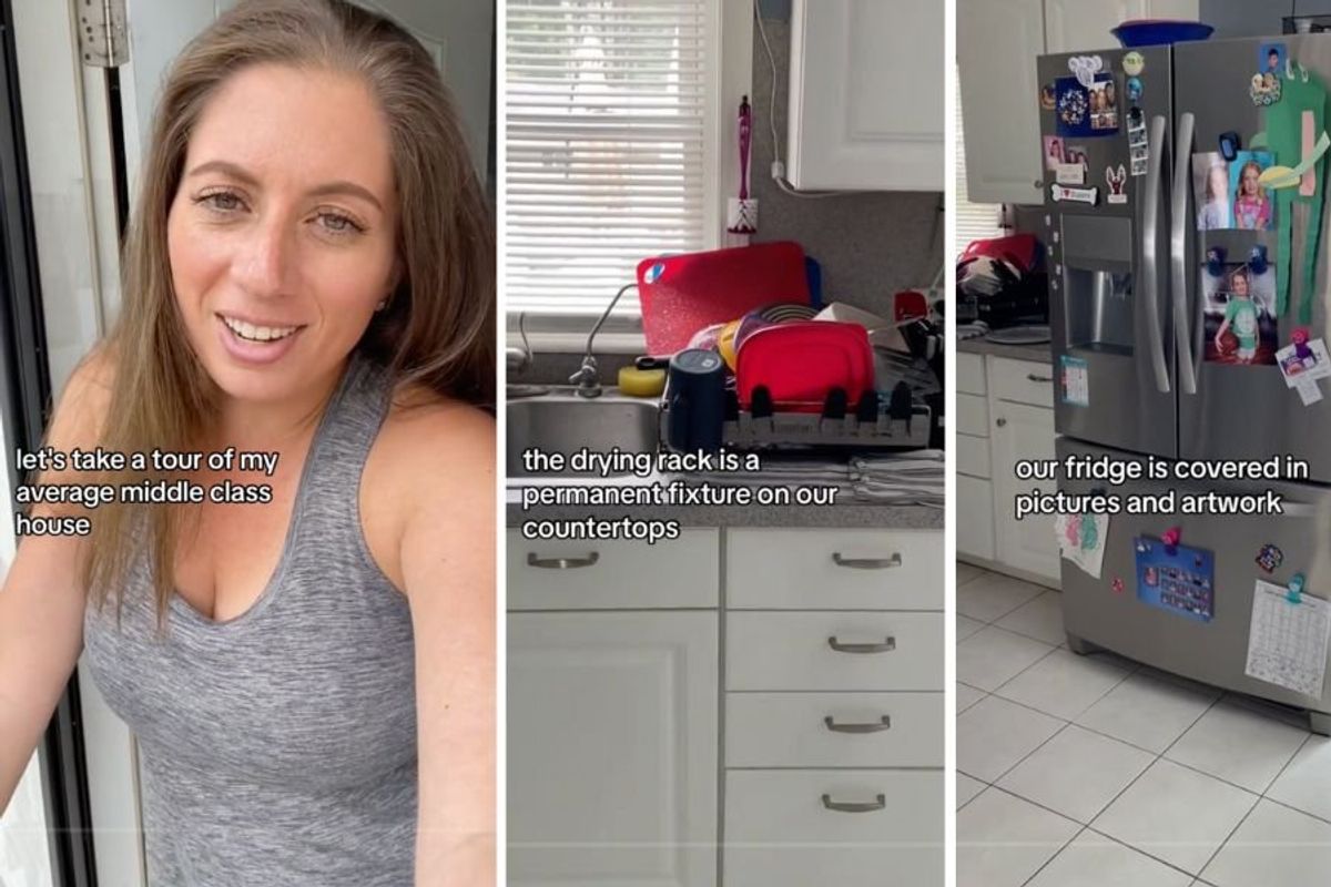 three paneled photo of a woman in a tank top speaking to the camera, a kitchen counter, and a refrigerator