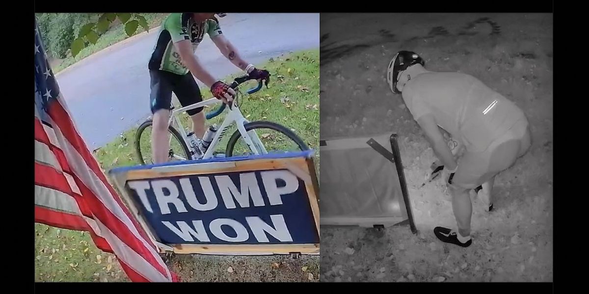 NextImg:Woke bicyclist caught on video kicking then torching 'Trump Won' yard sign and running away. 'Help me make him a felon,' GOP activist sign owner requests.