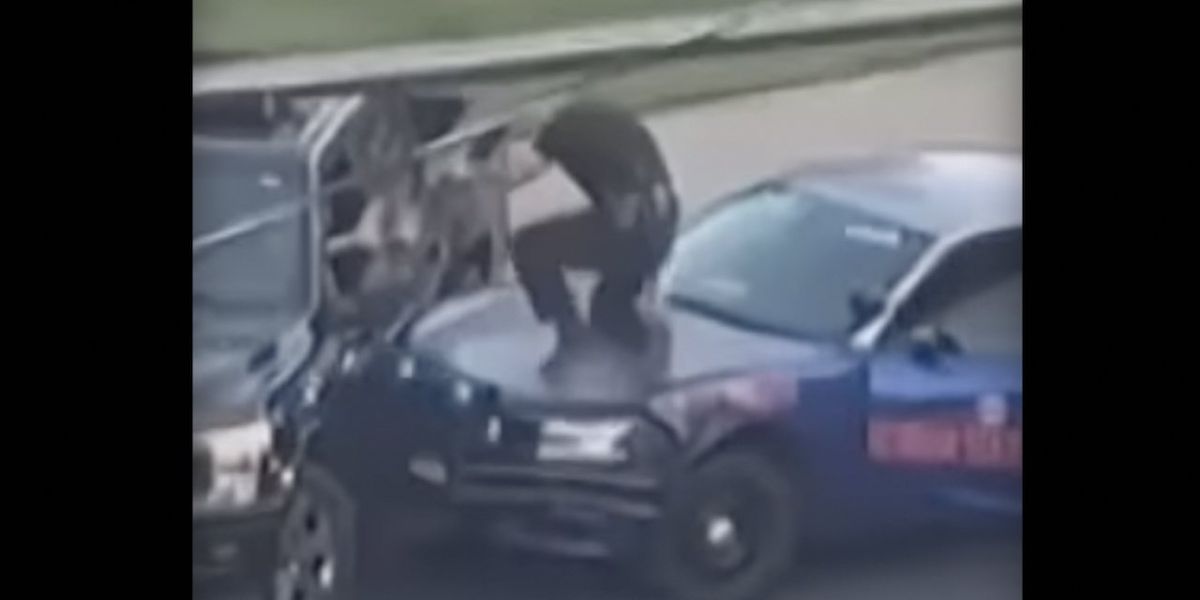 Driver doing donuts, burnouts hits onlookers as he tries escaping from cop; officer soon introduces punk's face to surface of street