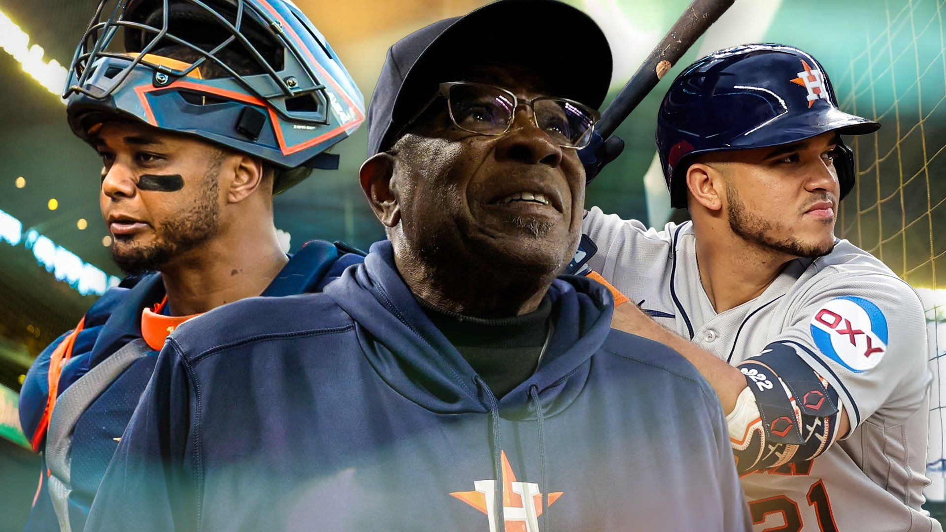 Astros Martin Maldonado, Dusty Baker, Yainer Diaz