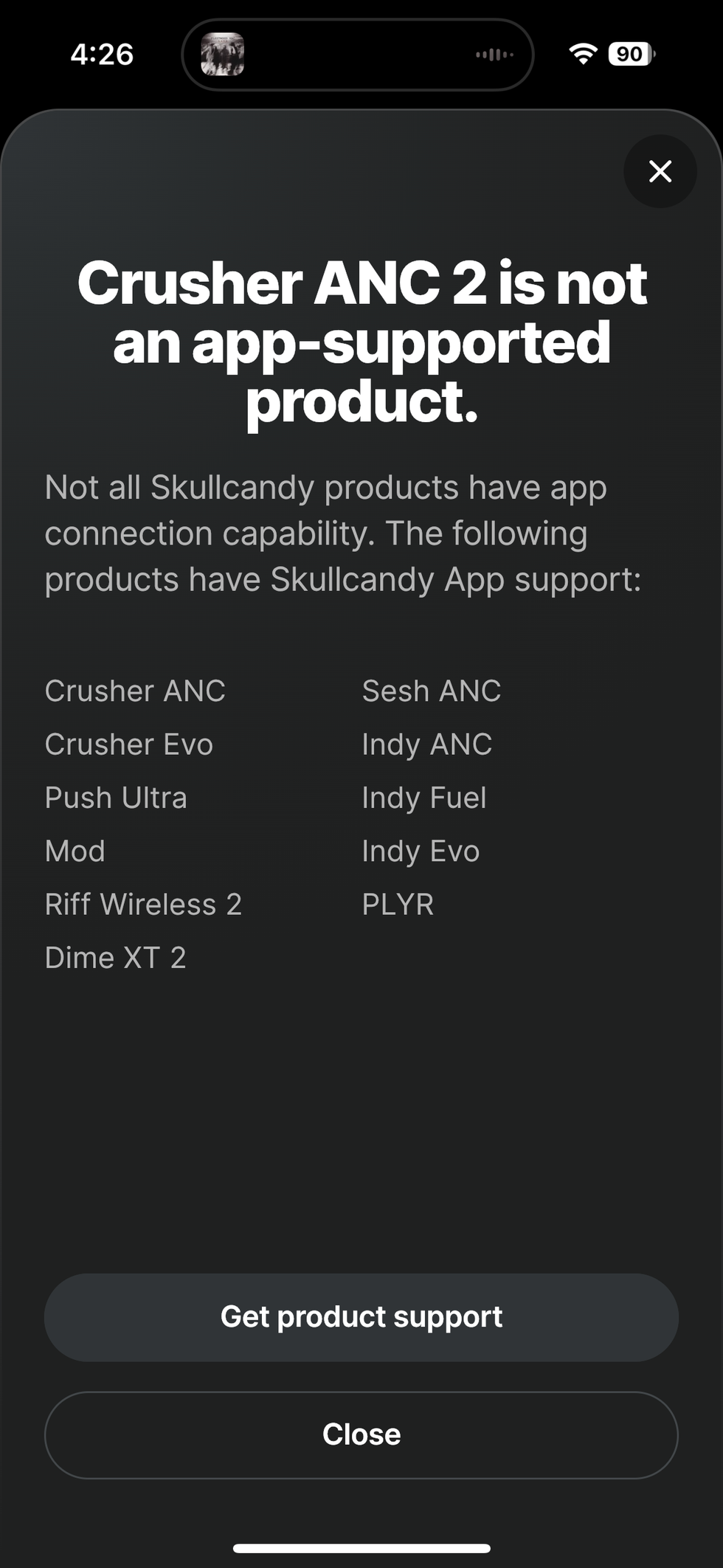 screenshot of original Skullcandy app showing no support for Crusher ANC 2