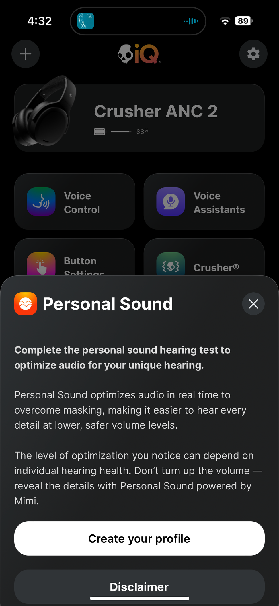 Personal sound test page in app