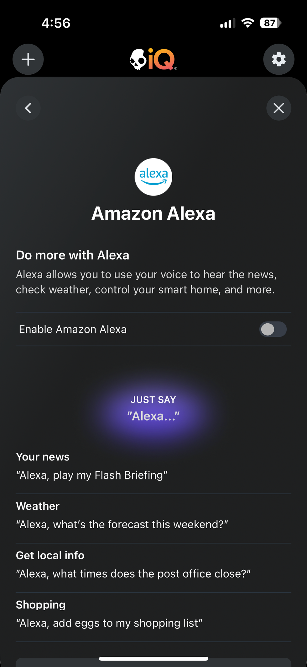 screenshot of Alexa integration in SkullIQ app
