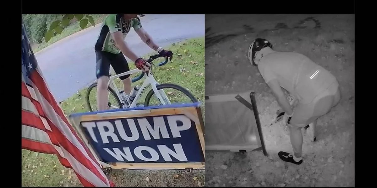 NextImg:Bicyclist caught on video setting fire to 'Trump Won' sign will be charged, DA says