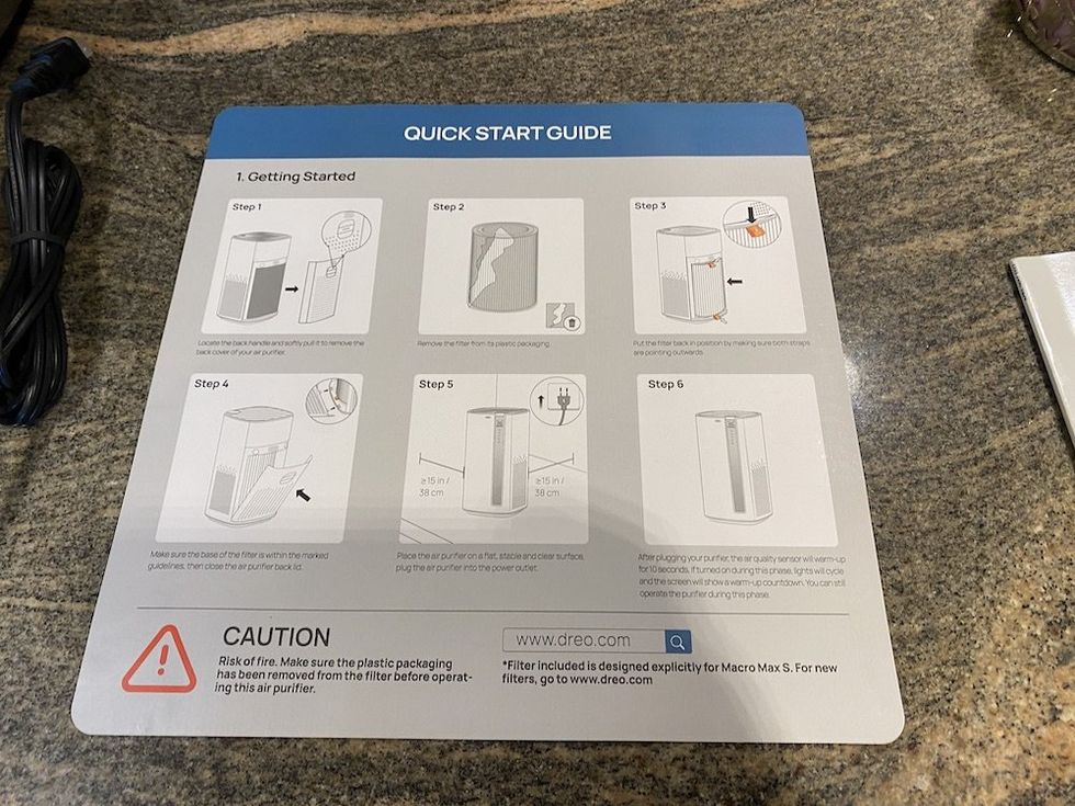 photo of quick start guide for Dreo Macro Max S air purifier