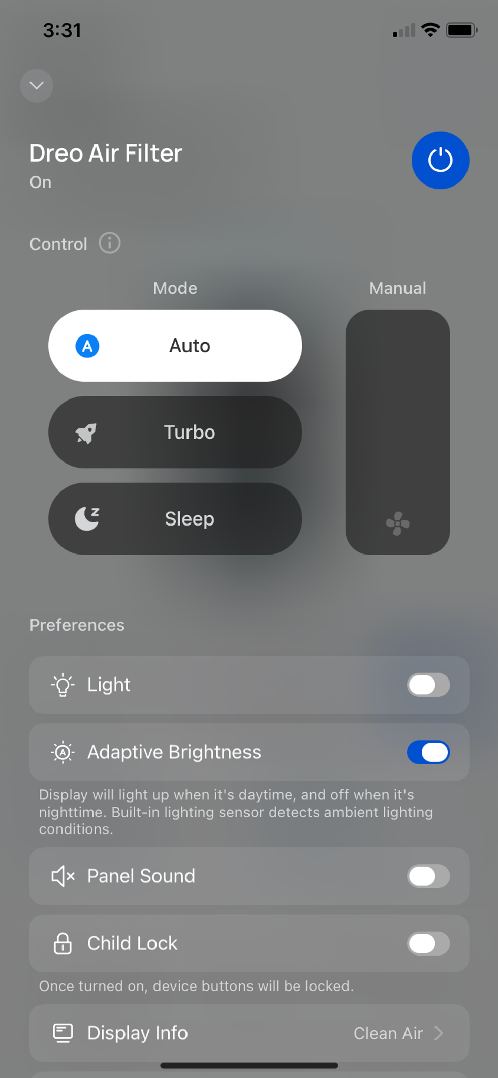 Dreo app showing mode setting
