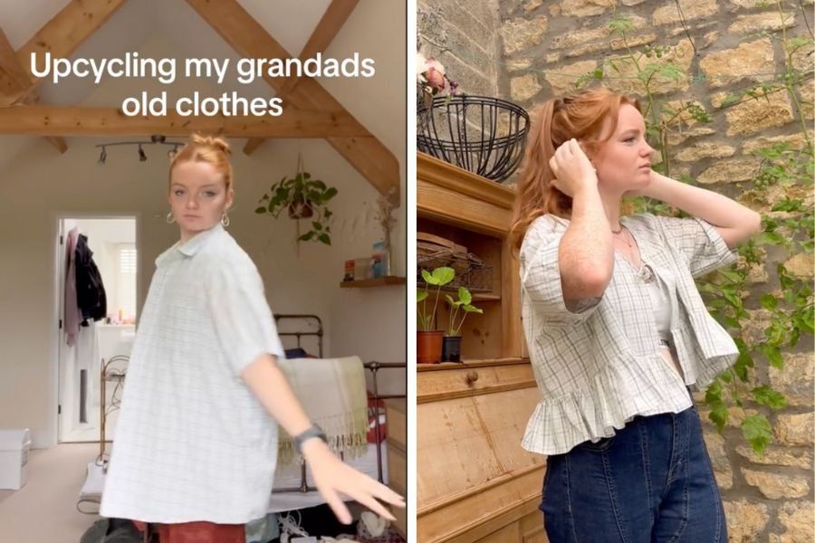 Girl upcycles grandpa's old clothes into fashionable outfits