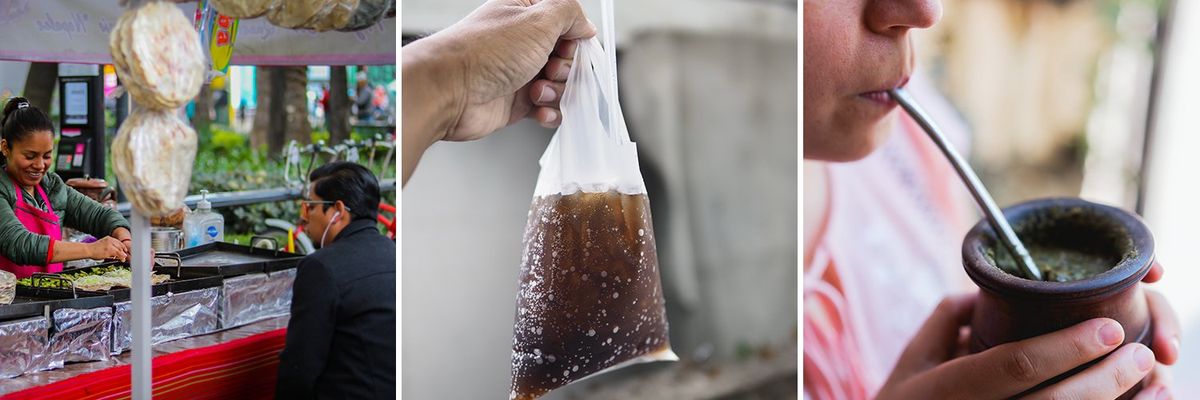 a collage depicting a taco stand, soda out of a plastic bag, and drinking mate