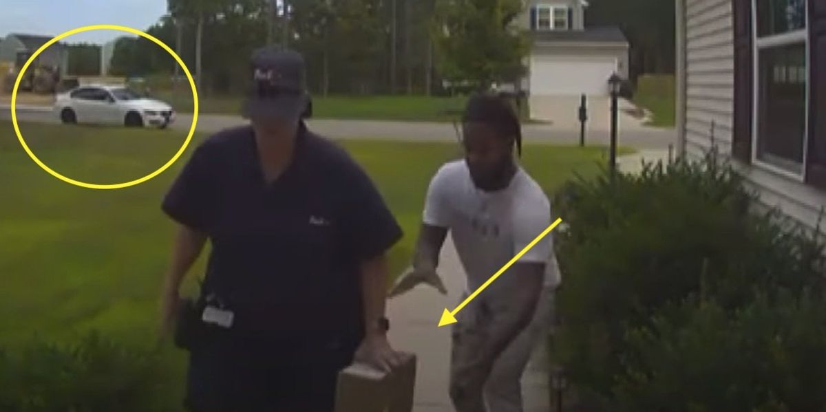 Doorbell camera footage catches brazen porch pirate stealing package directly from FedEx driver's hands