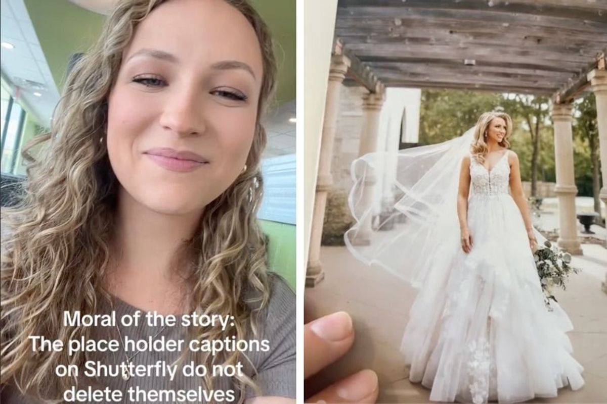screenshot of woman with caption; photo of a bride