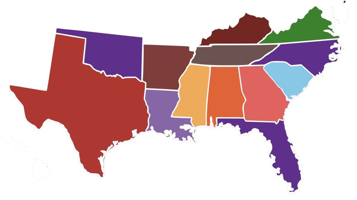 Map of all Southeastern states in various colors.