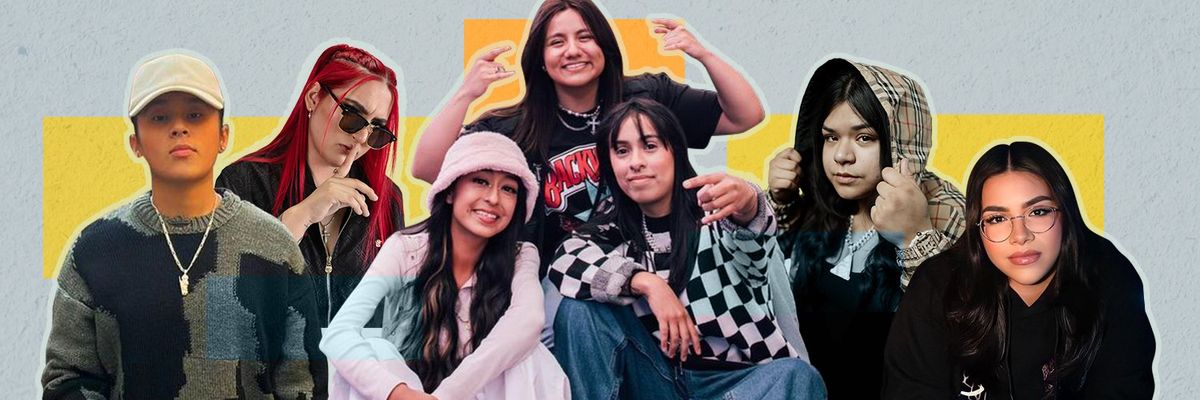 a collage of the women taking over regional mexican music: yahritza y su esencia, michelle bi, lluvia arambola, ivonne galaz and conexion divina