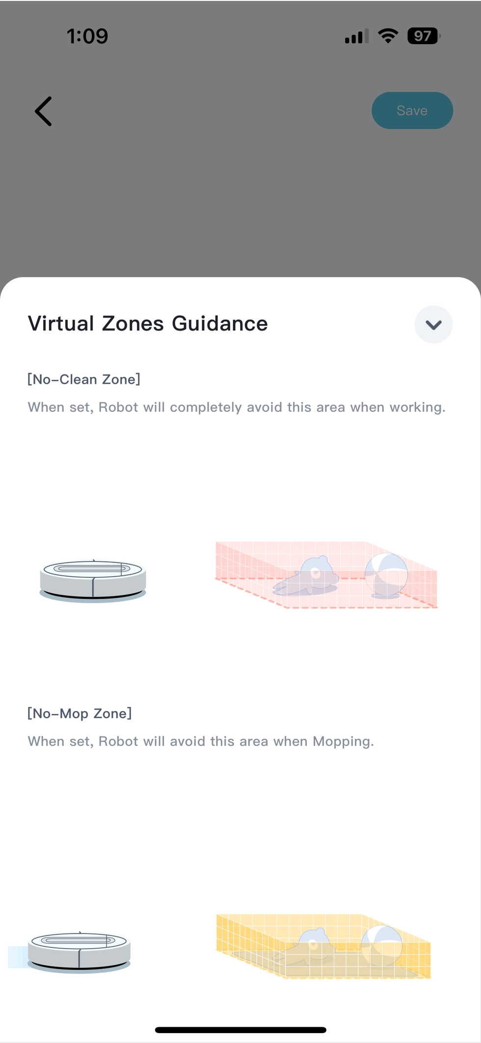 yeedi app showing no-mop zones and virtual zones