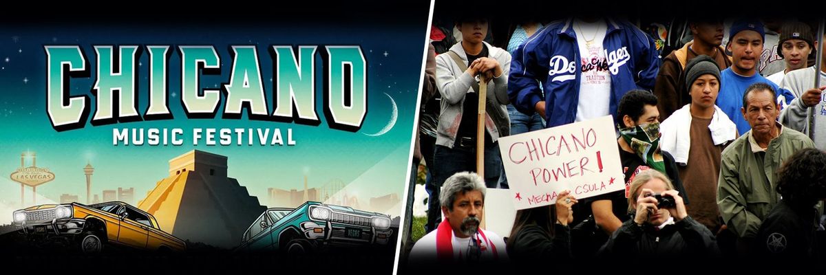 chicano music festival poster with two low-riders and an aztec temple in the background
