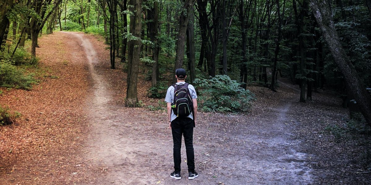 man standing in the middle of woods at a fork in the path