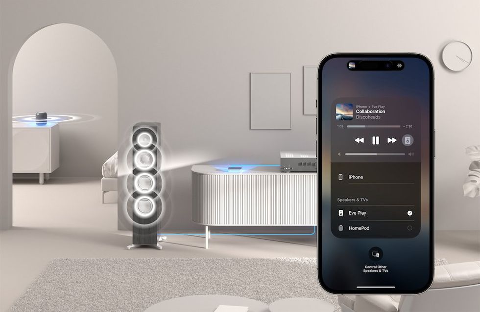 A lifestyle photo of Eve Play AirPlay 2 Receiver and smartphone in a living room.