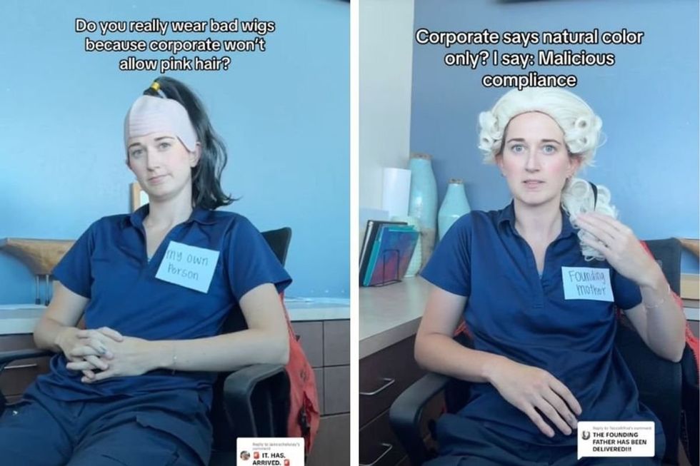 woman at a desk wearing silly wigs