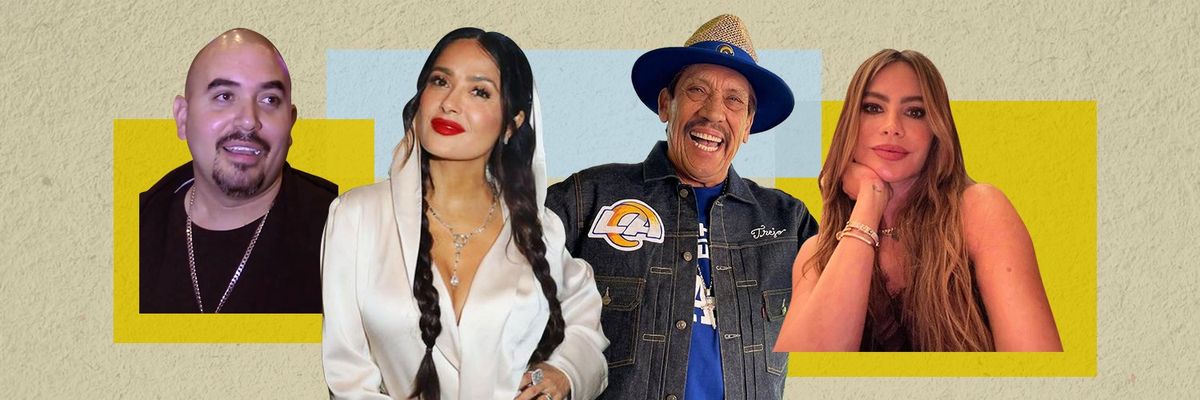 A collage featuring Latinos who are often typecasted in Hollywood: Noel Gugliemi, Salma Hayek, Danny Trejo and Sofia Vergara