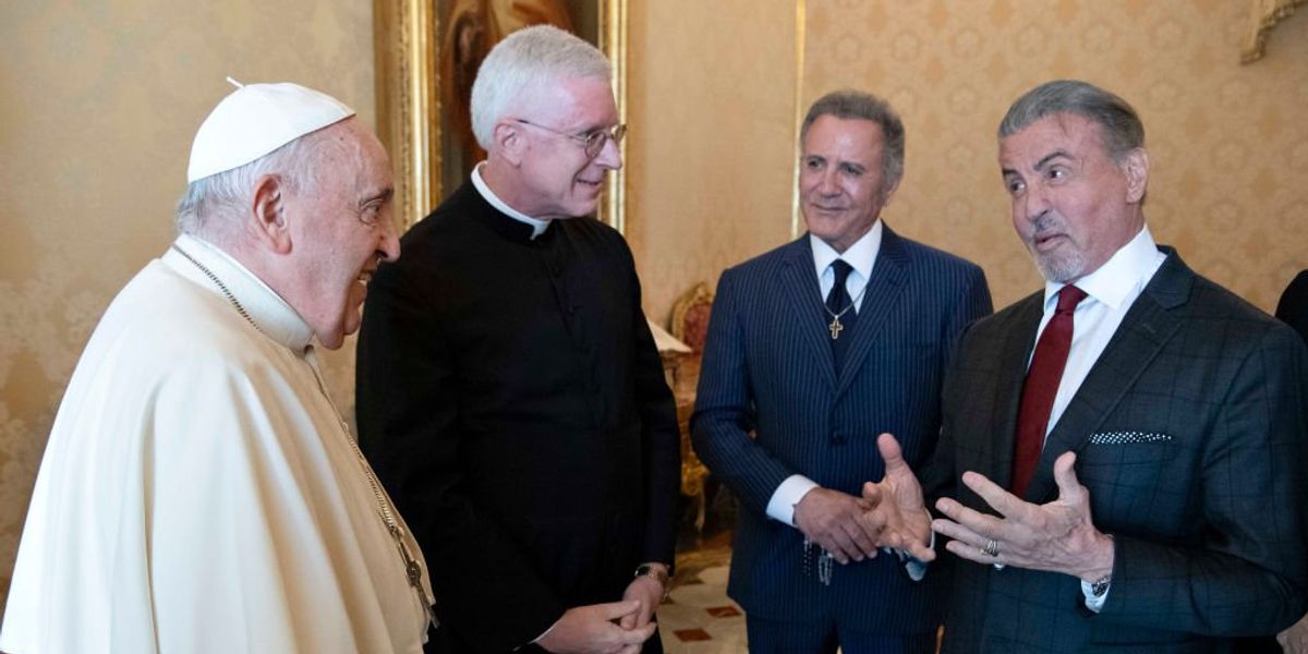 NextImg:Pope Francis tells Sylvester Stallone he grew up watching his films, shows him a left jab: 'Ready? We box!'