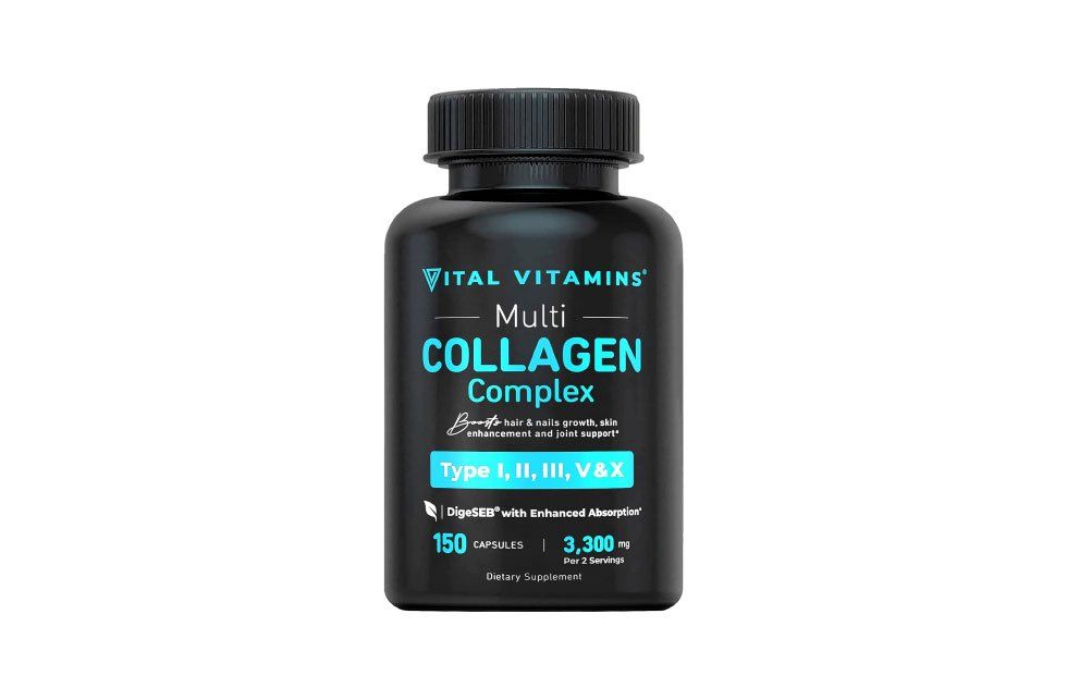 Black bottle of Vital Vitamins Multi Collagen Complex, 150 capsules, on white background.