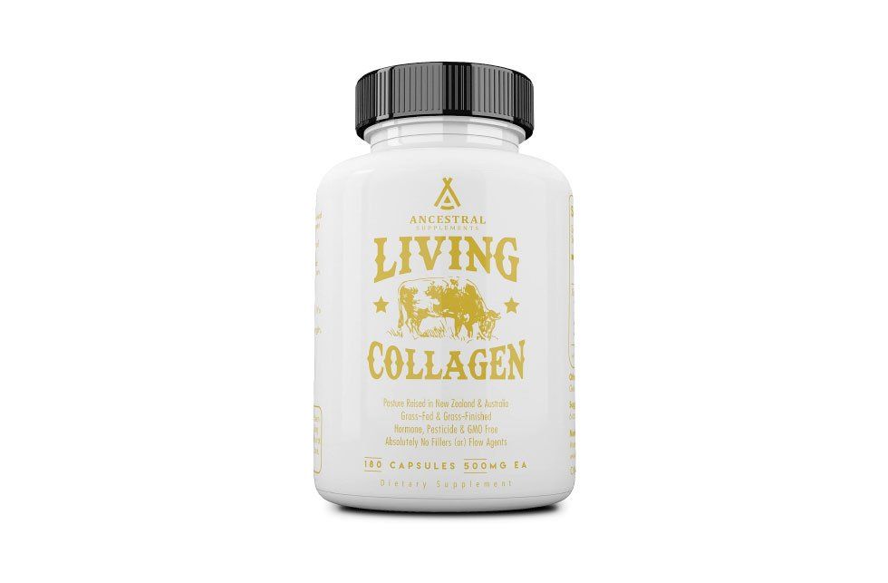 White bottle of "Living Collagen" supplements with black cap.