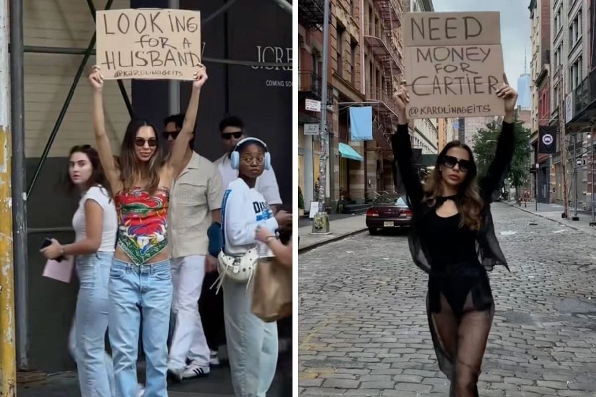 New York; woman holding sign; looking for husband sign; viral video; funny tiktok