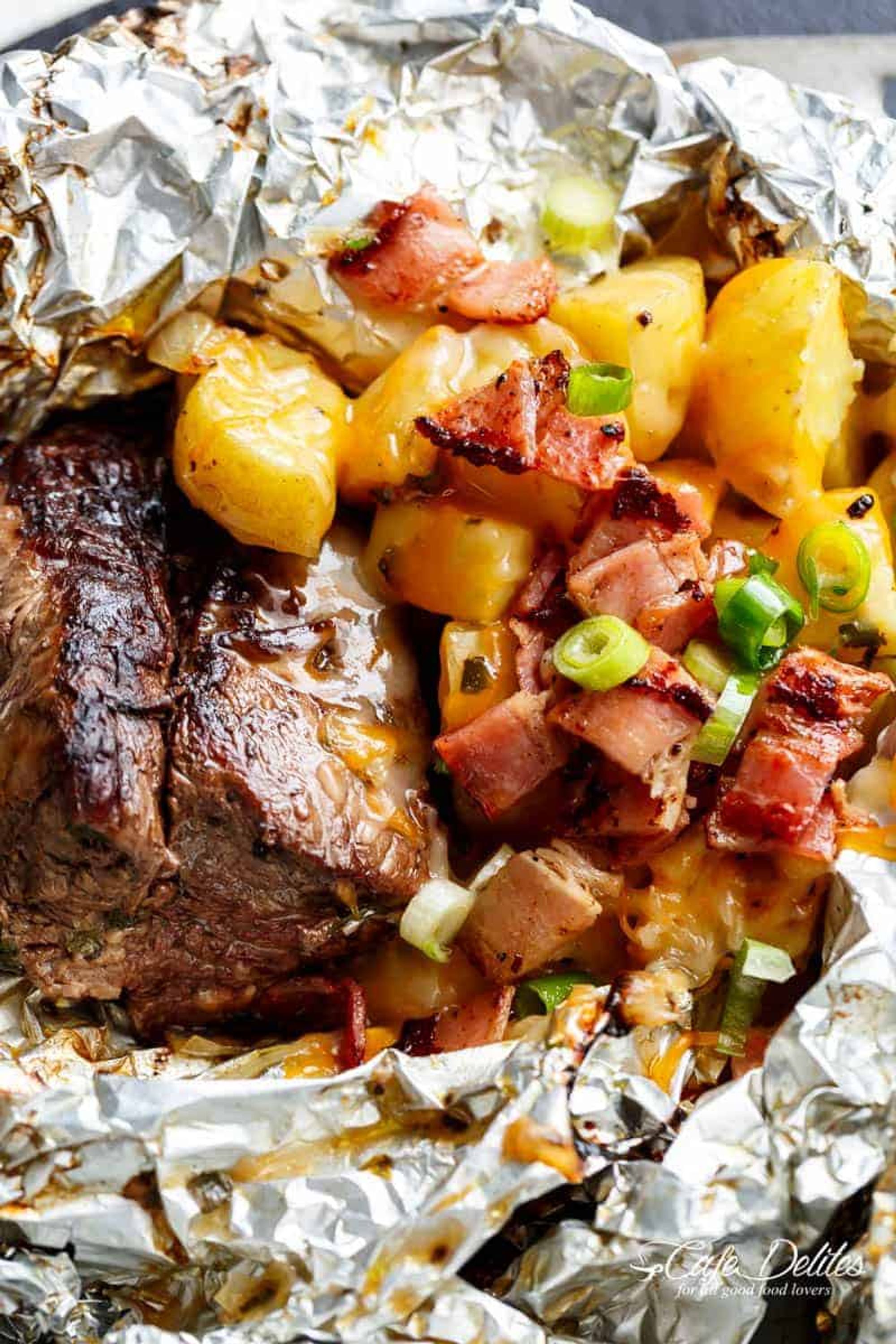 Garlic Steak & Cheesy Bacon Potato Hash Foil Packs Cafe