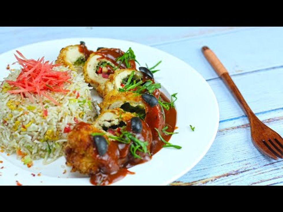 Healthy Chicken Roulade Recipe with BBQ Sauce and egg fried Rice