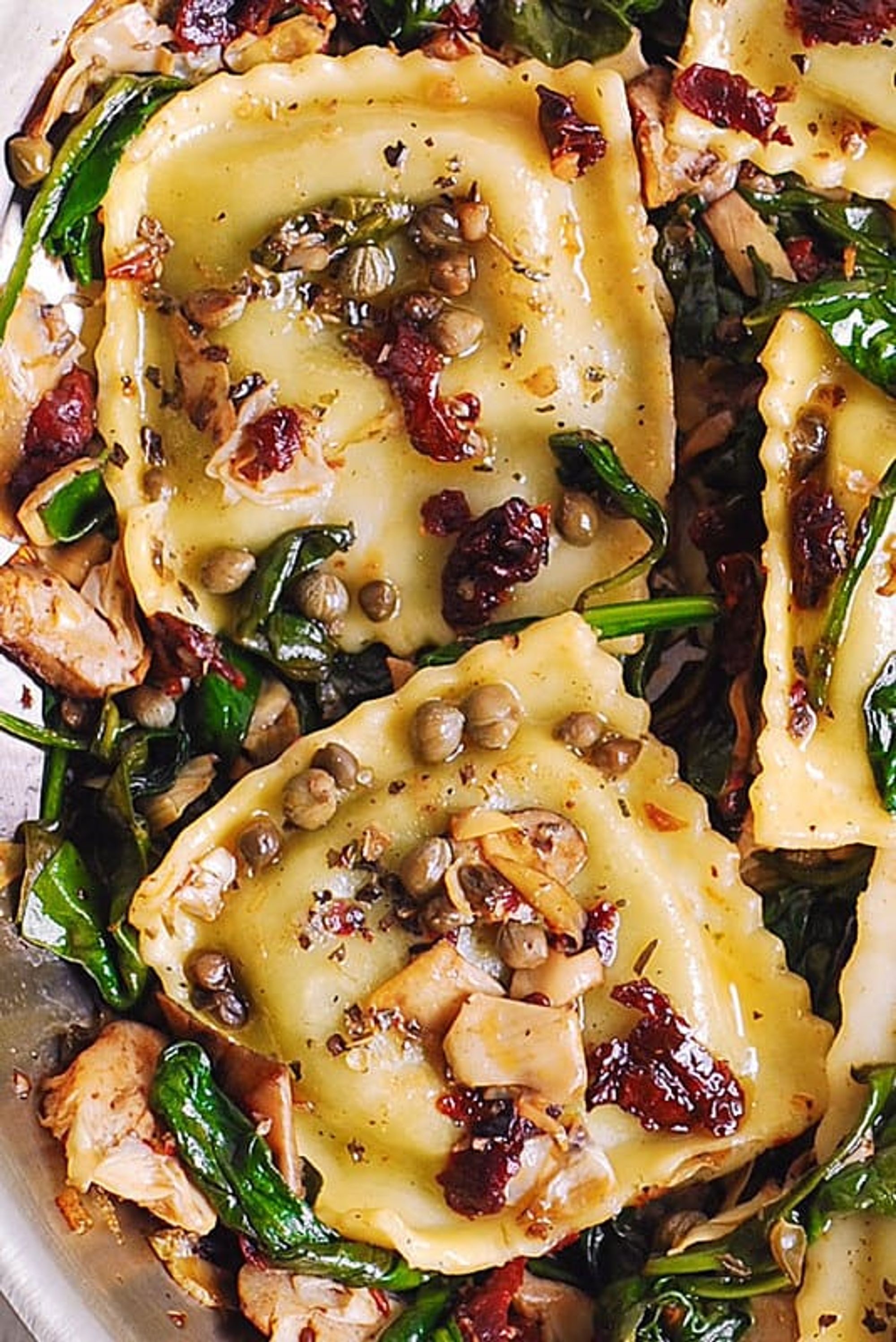 Italian Ravioli with Spinach, Artichokes, Capers, Sun-Dried Tomatoes