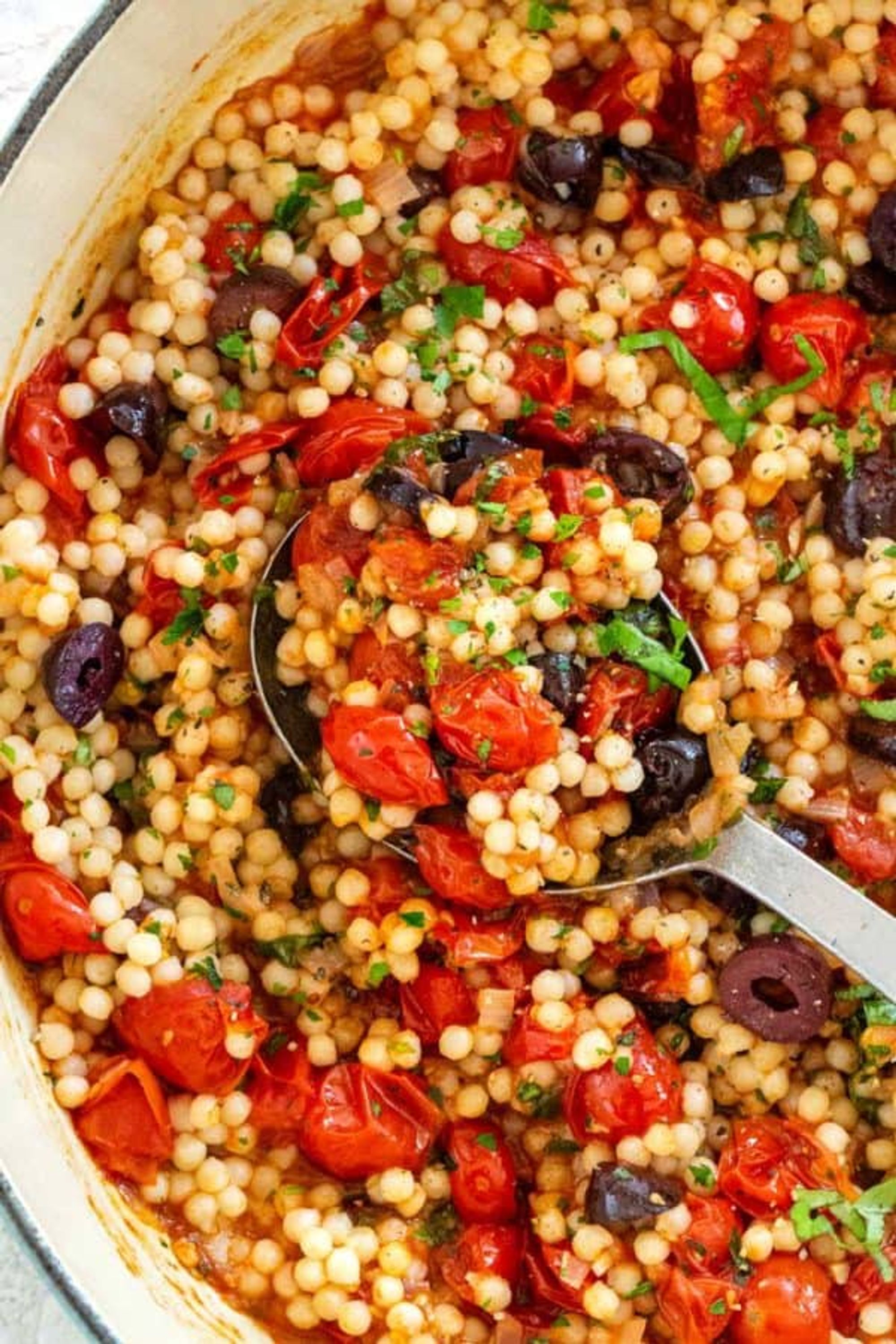 Israeli Couscous with Tomato and Olives - Jessica Gavin - My Recipe Magic