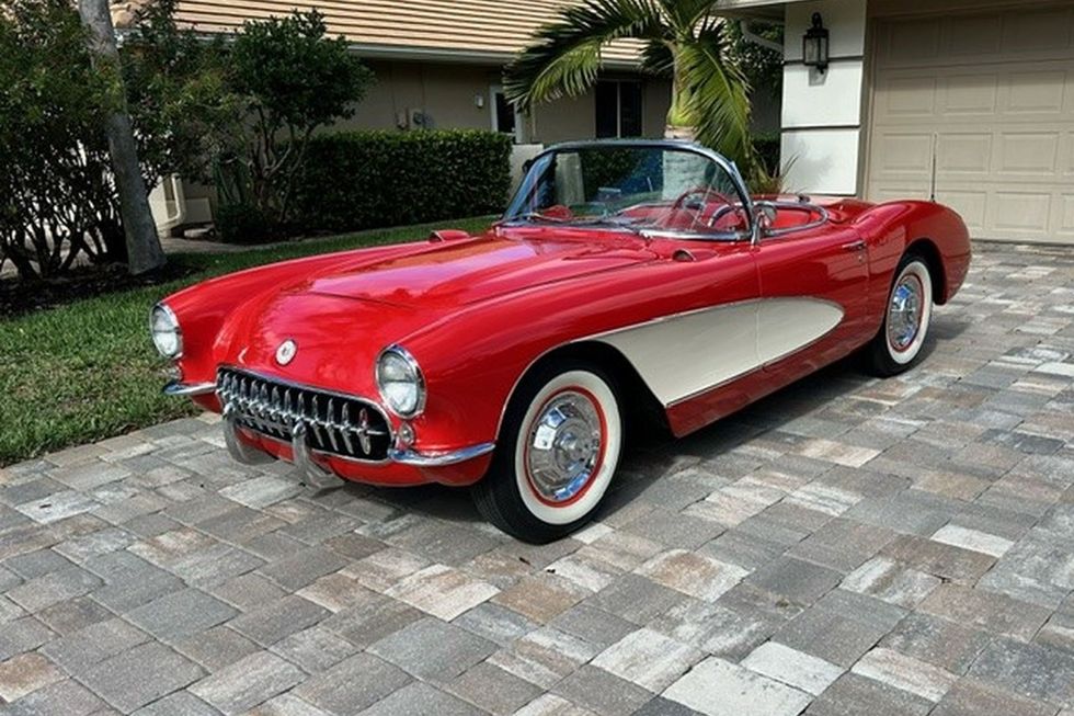 1956 Chevrolet Corvette, Venetian Red, front quarter, top down