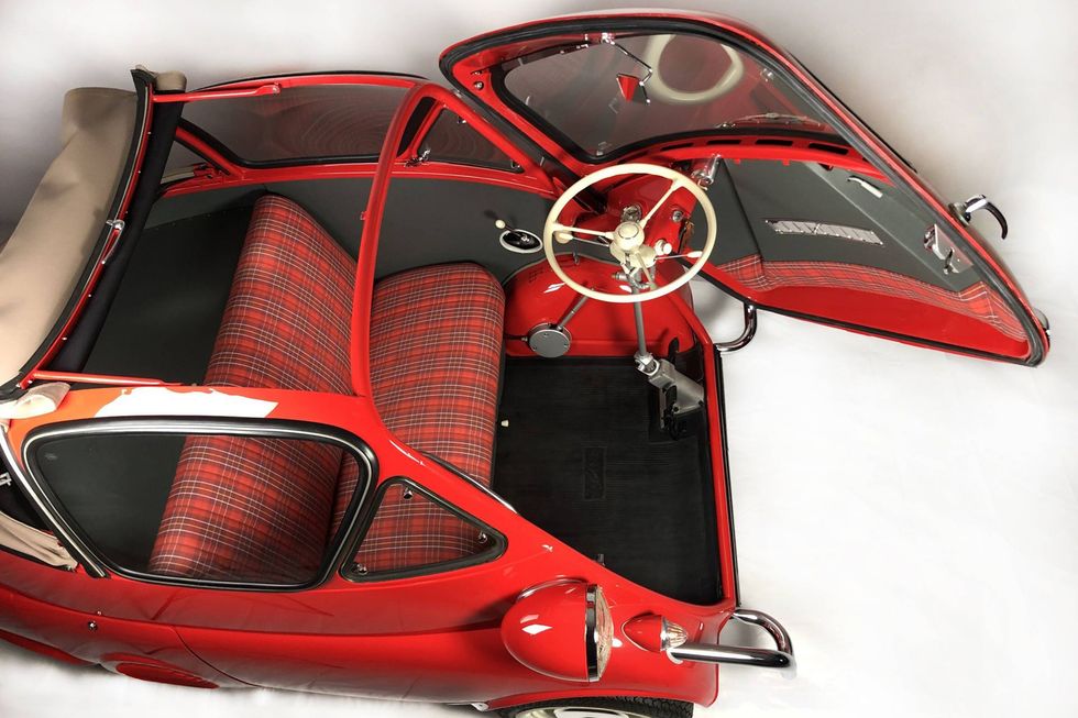 1957 BMW Isetta 300 Convertible, view from above, door open, showing steering column, open roof and tartan seat pattern