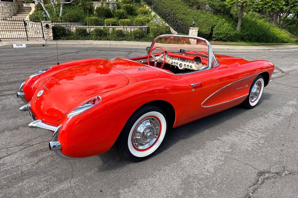 1957 Chevrolet Corvette rear quarter, top down