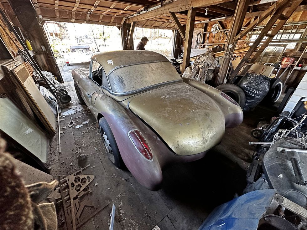 1958 Corvette Barn Find - In garage, as-found, rear, high
