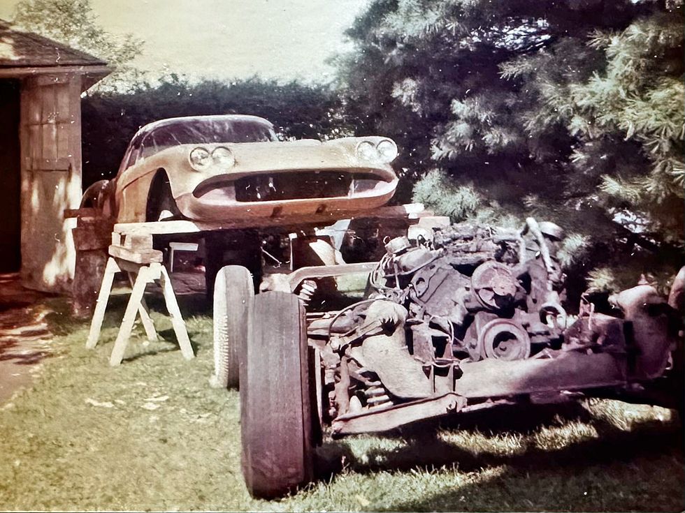 1958 Corvette Barn Find - Period photo of frame swap in-process