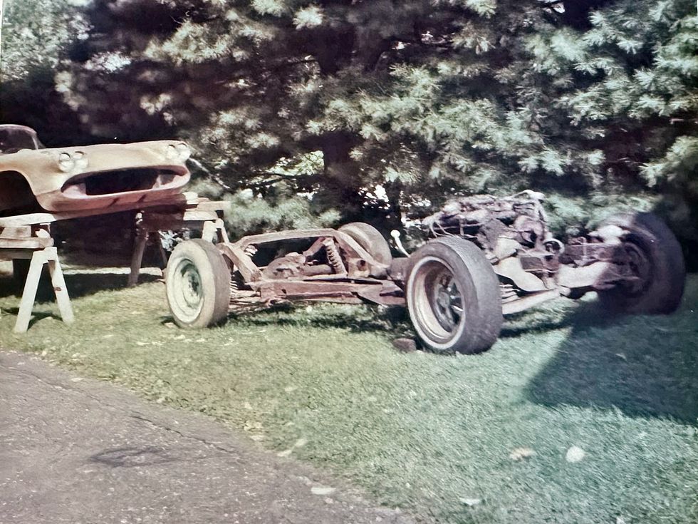 1958 Corvette Barn Find - Period photo of frame swap in-progress