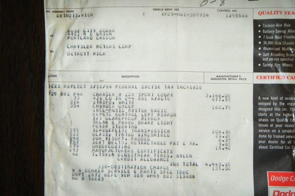 1966 Dodge Charger Hemi window sticker