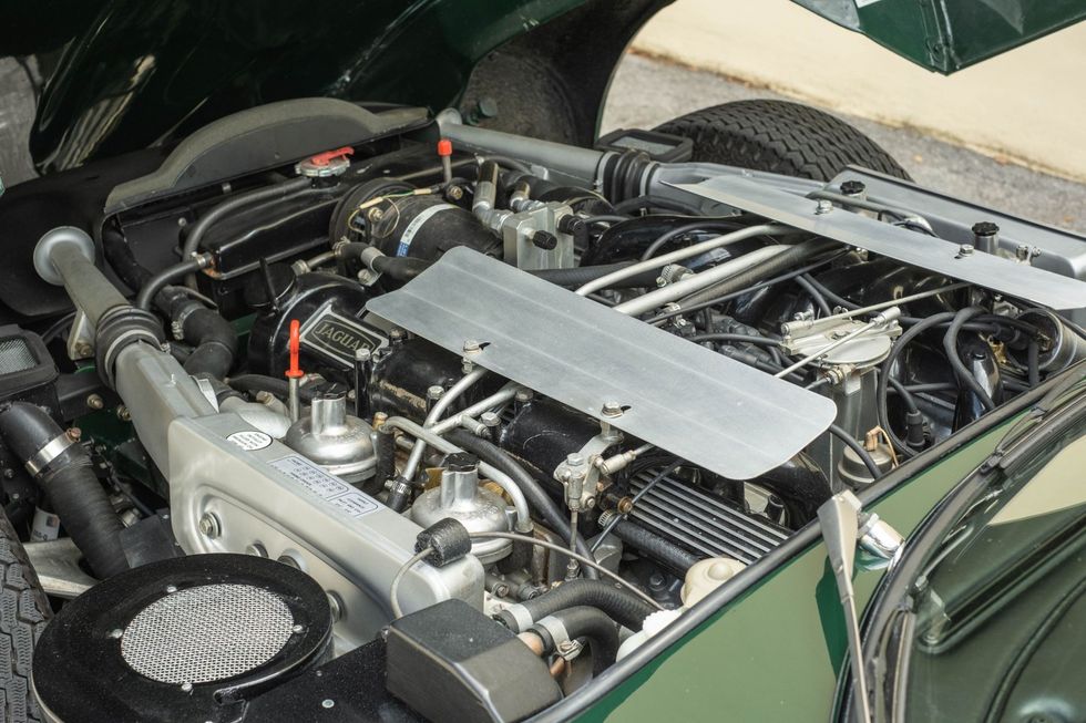 1974 Jaguar E-type OTS Roadster Convertible engine bay showing 5.3-liter V12 engine