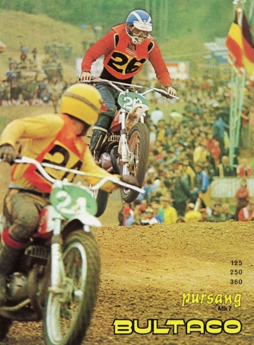 A Bultaco advertisement featuring Jim Pomeroy on a Pursang 250