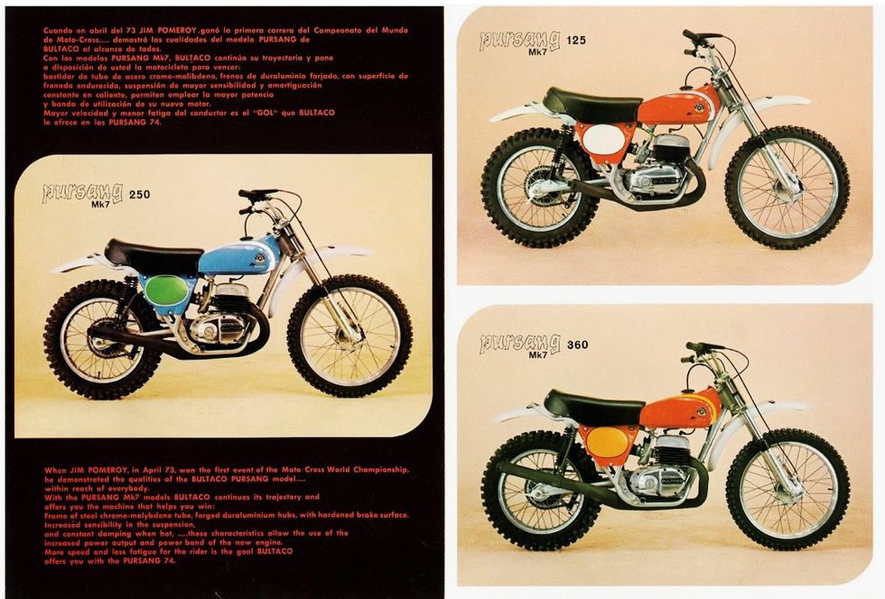 An ad for the 1974 Bultaco Pursang line including the 125, 250 and 360.