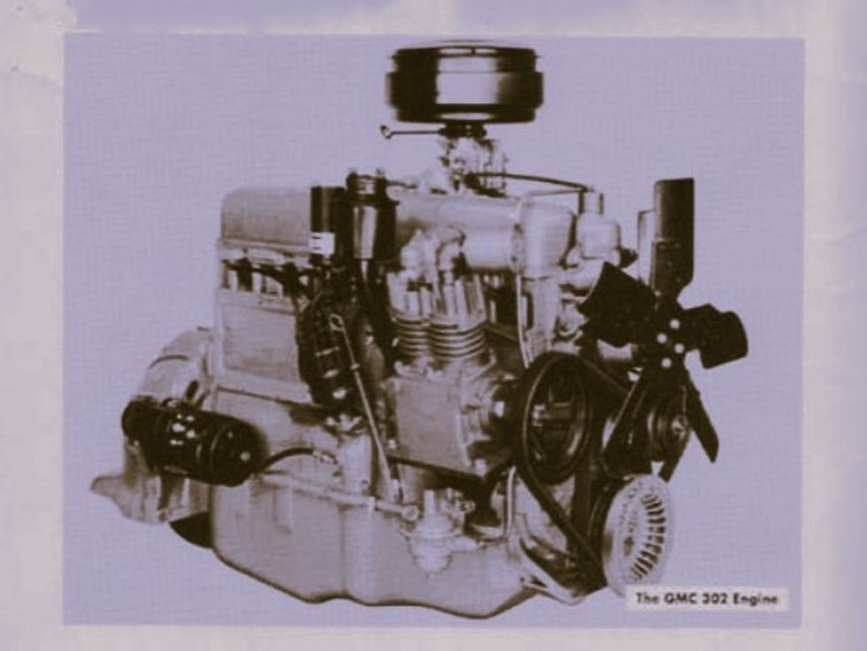 Black and white photo of a 1956 GMC 302-cu.in. six-cylinder.