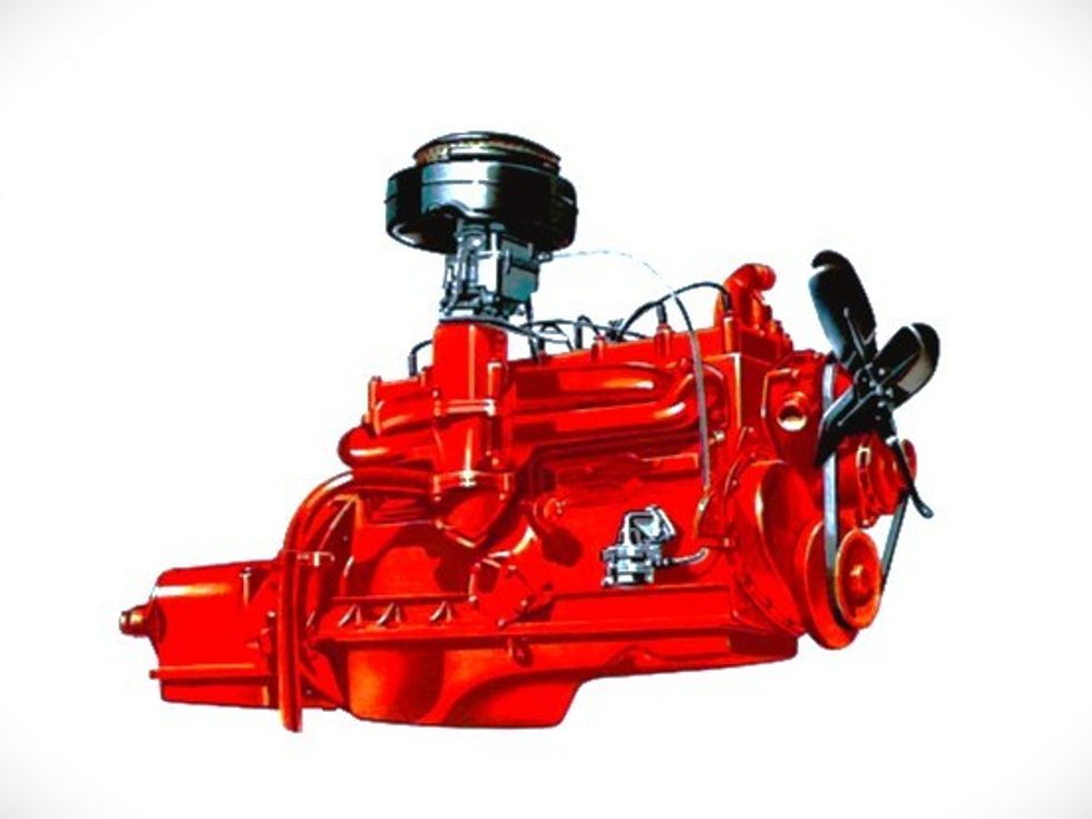 Brochure image of a red 1953 Hudson 308-cu.in. flathead six-cylinder.