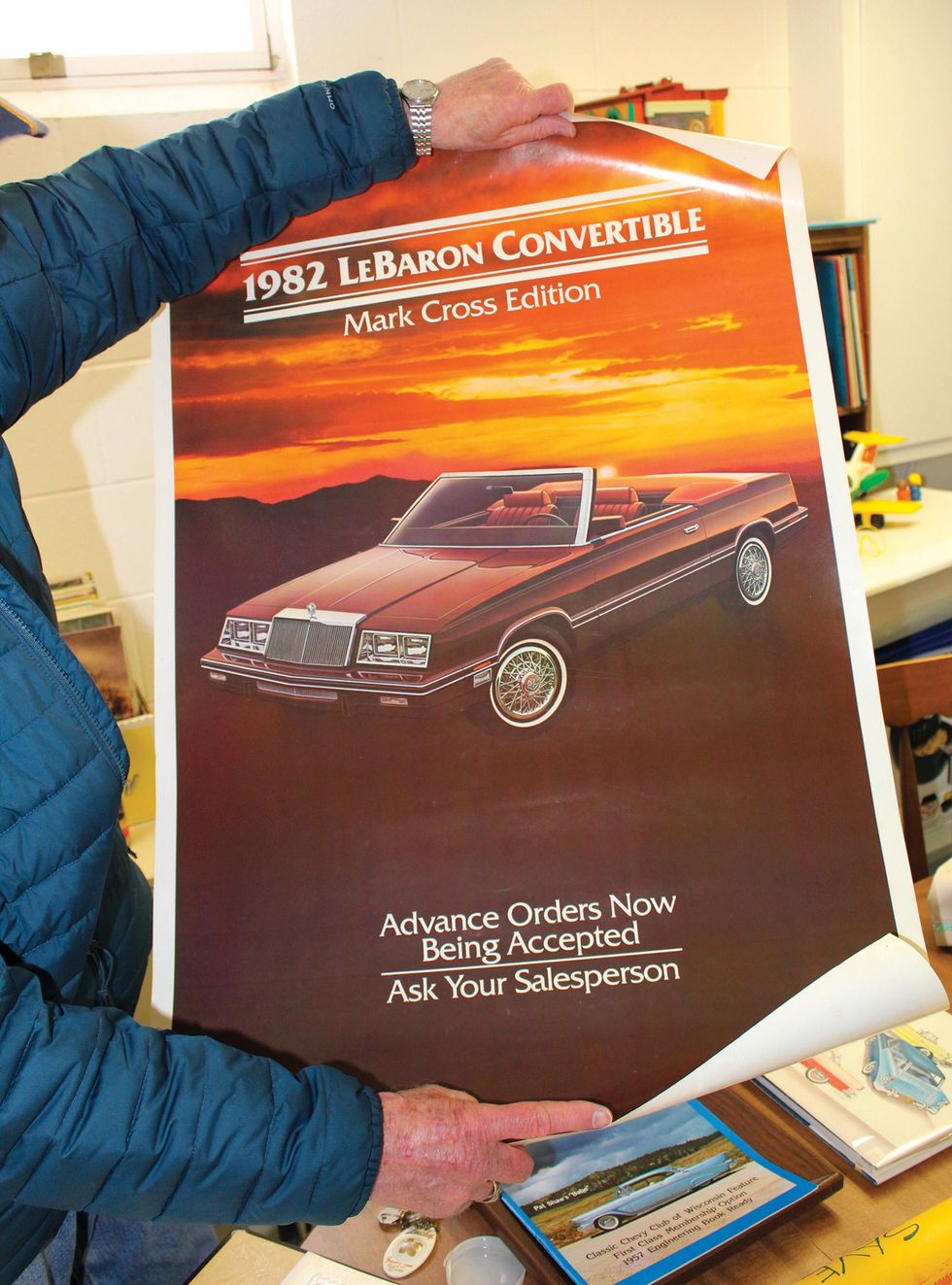 Color closeup of a 1982 Chrysler LeBaron Medallion Mark Cross edition poster.