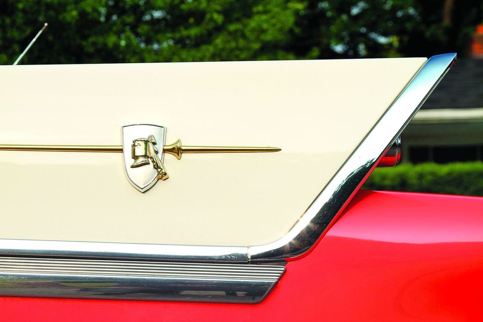 Color closeup of the fins on a 1957 Dodge Custom Royal D-500.