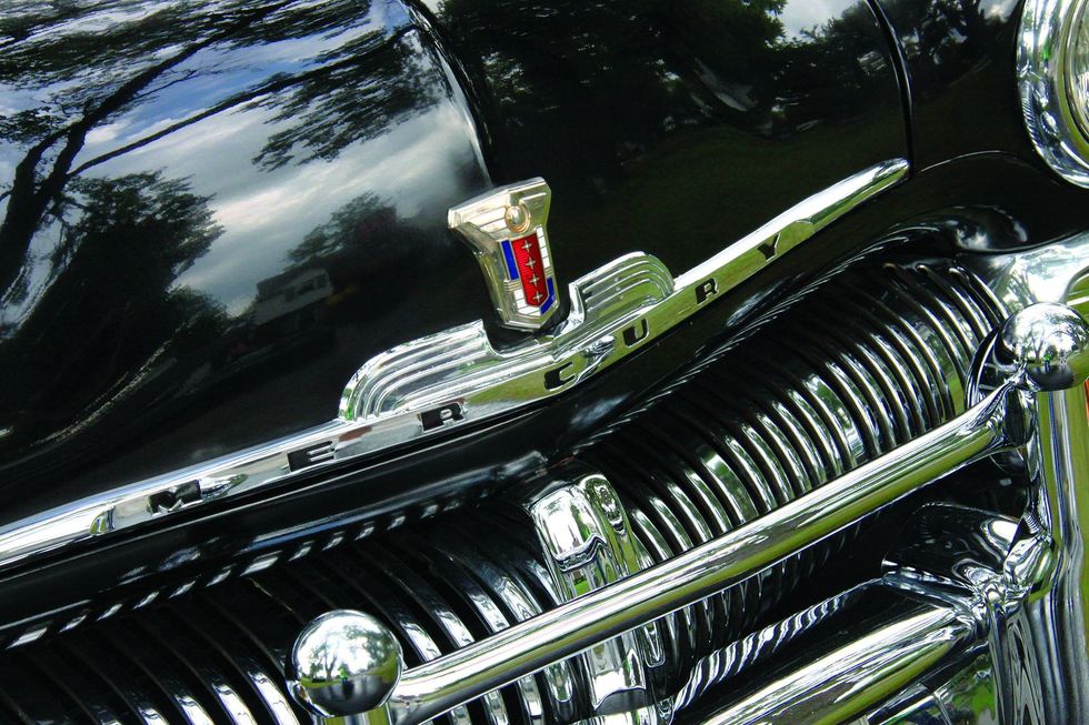 Color closeup of the grill on a 1950 Mercury Monterey Sport Coupe.