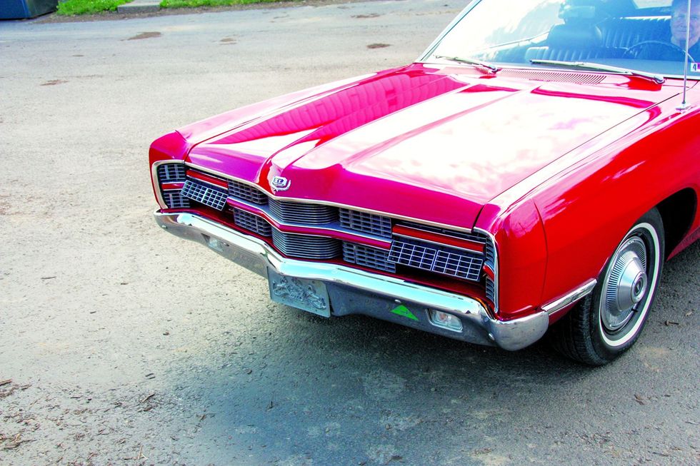 Color closeup of the grille and hood on a 1969 Ford XL convertible.